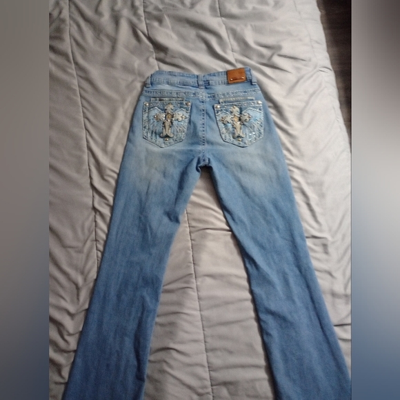 (USED)LAMASINI BLUE BOOTCUT/FLARED BLINGED JEANS - Picture 2 of 4